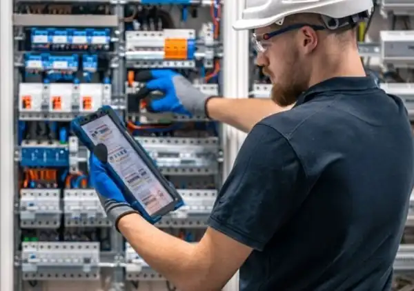 Electrician checking a commercial electrical panel with a tablet
