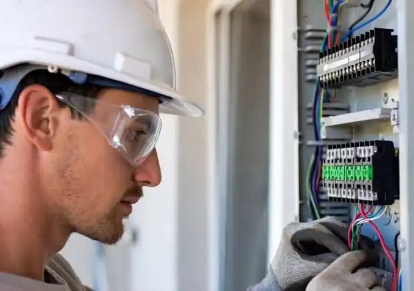 Electrician in safety glasses working on an electrical panel